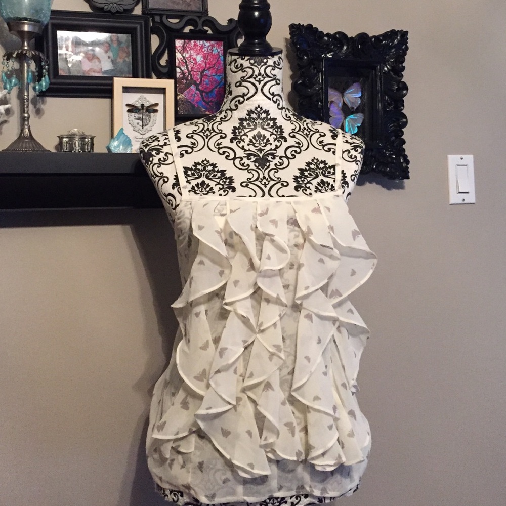 Fire Los Angeles Cream Ruffle Heart Print Spaghetti Strap Blouse